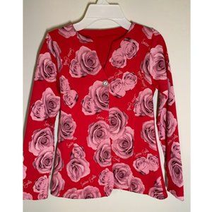 Red girls blazer with pink roses, one button, light jacket